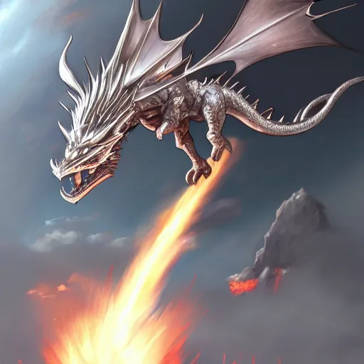 Prompt: a ( silver dragon ) wearing a jetpack on its back, shooting fire beam into the mountain, jetpack, fire beam, fire beam, fire beam, jetpack, jetpack, jetpack, trending on artstation