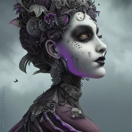 Prompt: tom bagshaw, soft painting fractal curiosities carnival, very beautiful female rabbit hybrid in full ornated nightshade gothic dress, partial symmetry accurate features, focus, very intricate ultrafine details, black white purple volumetric clouds, award winning masterpiece, octane render 8 k hd