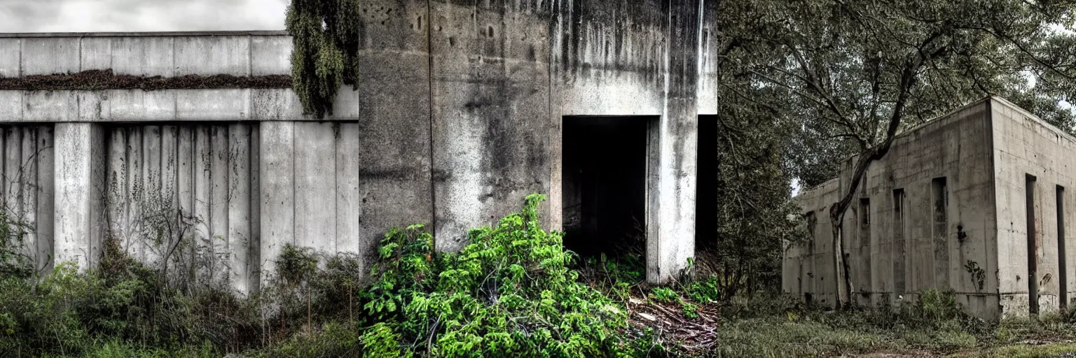 Image similar to Abandoned concrete building with plants and trees, overcast, low saturation photo