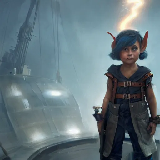 Prompt: a dramatic portrait of a short female gnome mechanic with cropped black hair, one of her arms is a prosthetic metallic gauntlet with magical lightning veins, standing on a ship deck by Greg Rutkowski, ultra realistic, photorealistic 8k, cinematic lighting, HD, high detail, atmospheric, trending on artstation