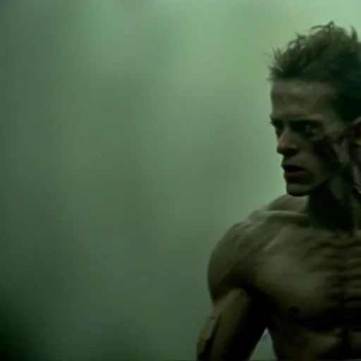 Image similar to muscular soldier with rock - like skin texture, still from the movie aliens, fog, dramatic lighting