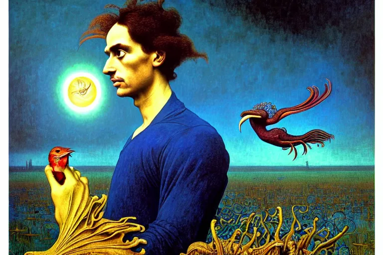Image similar to realistic detailed portrait painting of a man with head of a bird, nightly graveyard landscape background by Max Ernst, Jean Delville, Amano, Yves Tanguy, Alphonse Mucha, Ernst Haeckel, Edward Robert Hughes, Roger Dean, masterpiece, cinematic composition, dramatic pose, 4k details, rich moody colours, blue eyes