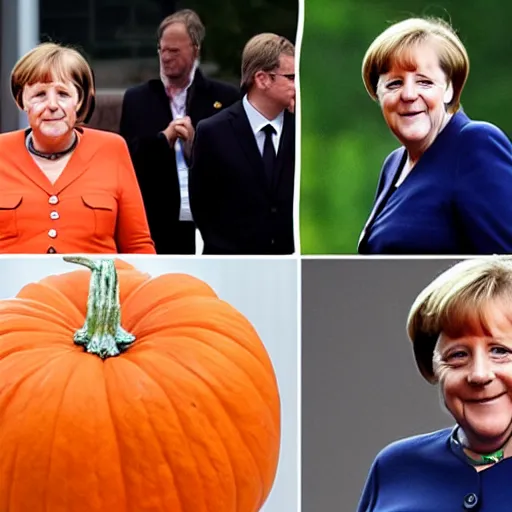 Prompt: angela merkel is the award winning pumpkin head of halloween.