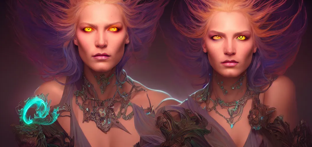 Prompt: epic fantasy render portrait of a beautiful bioluminescent woman with glowing eyes, dark retrowave, highly detailed, digital painting, cinematic, hyperrealism, rpg portrait, dynamic lighting, art by boris vallejo and stefan kostic and magali villeneuve and alphonse mucha, artstation, octane render, cgsociety