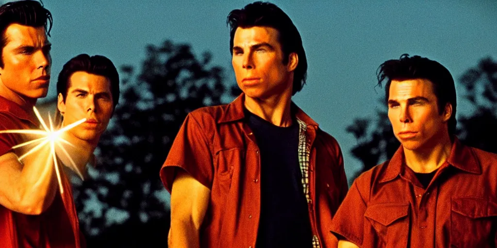 Image similar to the sunset's light beams through a window, timothy chalmette and john travolta as brothers, action pose, outside in a farm, medium close up shot, depth of field, sharp focus, waist up, movie scene, anamorphic, costume art direction style from the movie the outsiders