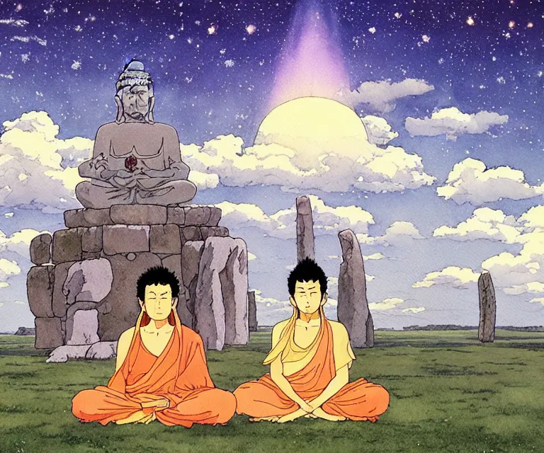 Prompt: a hyperrealist studio ghibli watercolor fantasy concept art of a giant long haired buddha in lotus position in stonehenge with a starry sky in the background. a giant ufo from independence day ( 1 9 9 6 ) is floating in the air. by rebecca guay, michael kaluta, charles vess