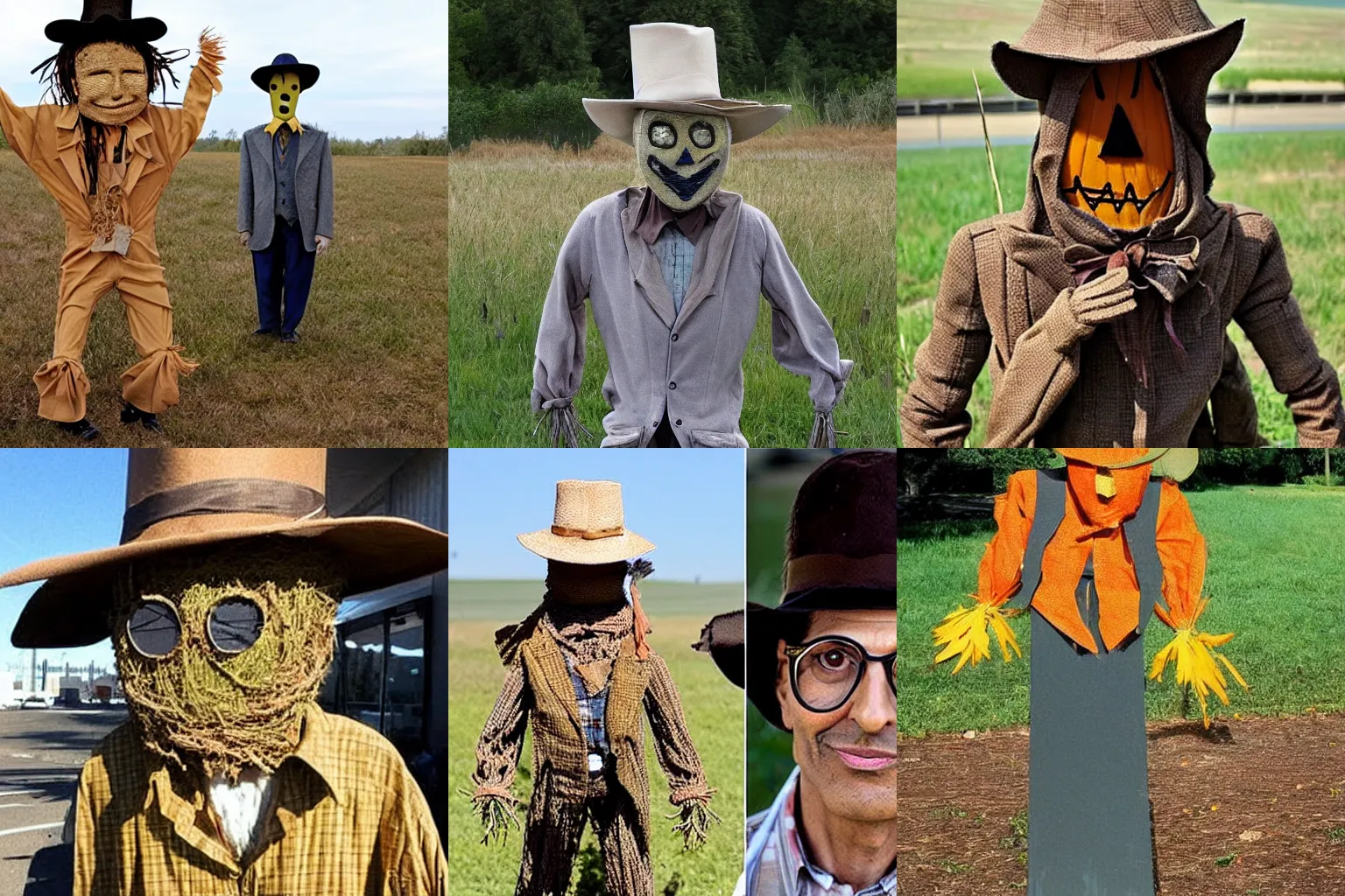 Prompt: a scarecrow that looks like jeff goldblum