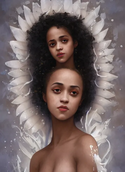 Image similar to dramatic upper body portrait of Nathalie Emmanuel as a dark-skinned la sirene Haitian mermaid goddess by Ruan Jia and Mandy Jurgens and Artgerm and william-adolphe bouguereau, underwater, white sheer fabric, white lilies, shells, mirrors, marvel comics, intricate, highly detailed, smooth, artstation, digital illustration by julie bell and Ruan Jia and Mandy Jurgens and Artgerm and William Adolphe Bouguereau and John Collier and Greg Rutkowski and Frank Frazetta