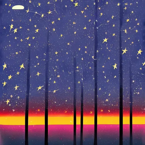 Image similar to a painting of a night sky with stars and trees, poster art by tim biskup, behance contest winner, space art, poster art, wallpaper, digital illustration