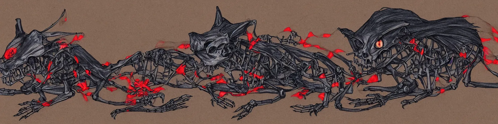 Image similar to a rat skeleton with glowing red eyes wearing black tattered robes and holding two blue flames