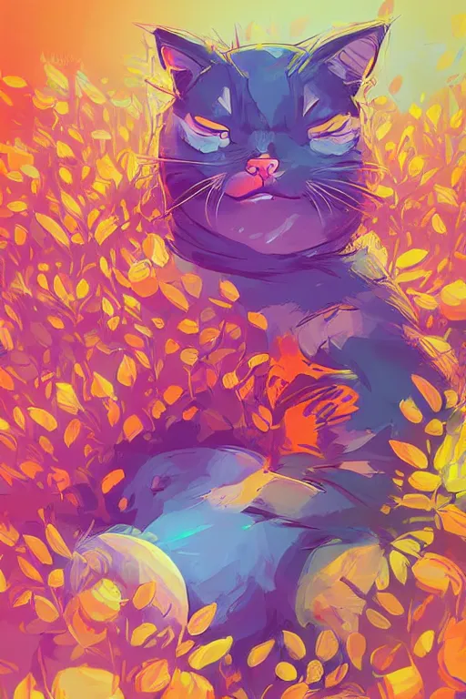 Image similar to a digital art of a cat sleeping in the room with flowers around in the afternoon, the sun shines in, animal, light effect, highly detailed, by anton fadeev