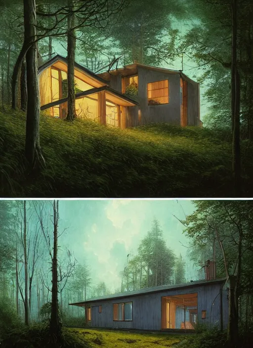 Image similar to hyper realistic witchy modern house with mood lighting and tech in the woods gorgeous lighting, blue sky, highly detailed, lush forest foliage painting by zdzisław beksinski and norman rockwell and greg rutkowski weta studio, and lucasfilm