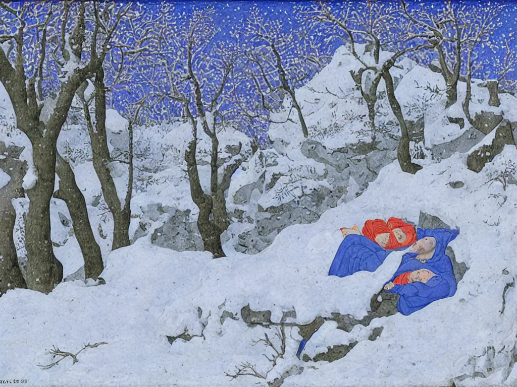 Image similar to portrait of a man sleeping in the snow. painting by limbourg brothers