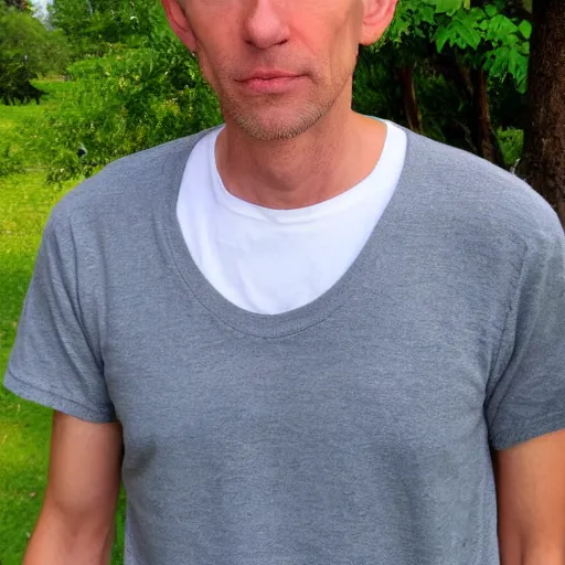 Image similar to full face color photograph of a 40 year old very handsome skinny white man with short, curly, light blond hair and very small slanted blue eyes, dressed in a white t shirt, gray shorts and black socks, with a small mole to the right of his very thin lips, with a straight nose and blond stubble on his round face, and an earring in the left ear. He resembles a lion.