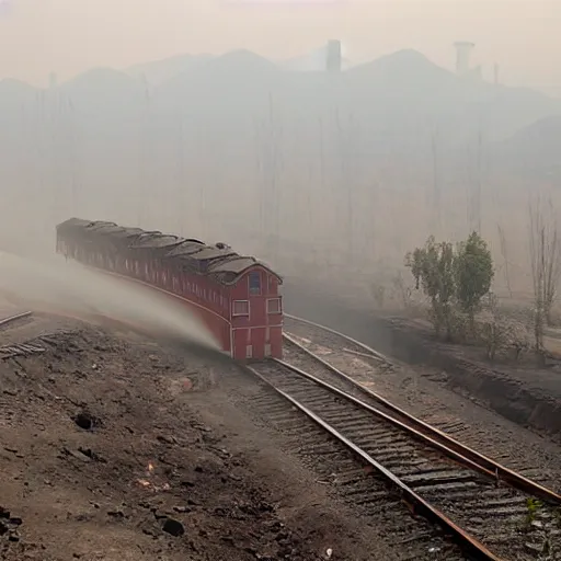 Image similar to industrial mine, pollution, haze, baotou china, steam train,