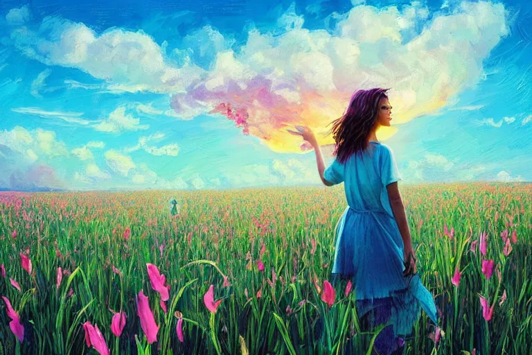 Image similar to giant gladiola head, girl walking in field of flowers, surreal photography, sunrise, blue sky, dramatic light, impressionist painting, digital painting, artstation, simon stalenhag