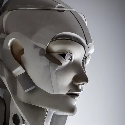 Image similar to a head and shoulders portrait of a female cyborg in her 20s, sculpture made of marble and aluminum, studio photography, cyberpunk lighting