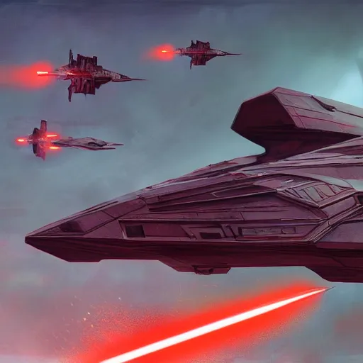 Prompt: darth vader's starship, concept art by doug chiang, cinematic, realistic painting, high definition, concept art, path tracing, high quality, highly detailed, 8 k, red colors, hyperrealistic, concept art
