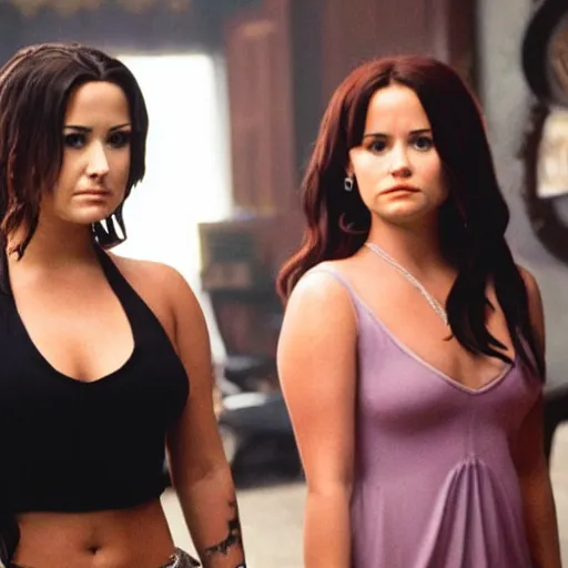Image similar to Demi Lovato as Piper Halliwell and Selena Gomez as Phoebe Halliwell and Ariana Grande as Prue Halliwell in a Charmed movie directed by Christopher Nolan, movie still frame, promotional image, imax 35 mm footage