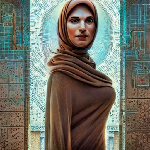 Image similar to detailed face of an arabic woman, terrazzo courtyard, moment, tectonic sky, skydome, reactor, utopian, tech noir, wet reflections, prism, atmospheric, ambient, pj crook, syd mead, livia prima, artgerm, greg rutkowski, nick alm, casey baugh