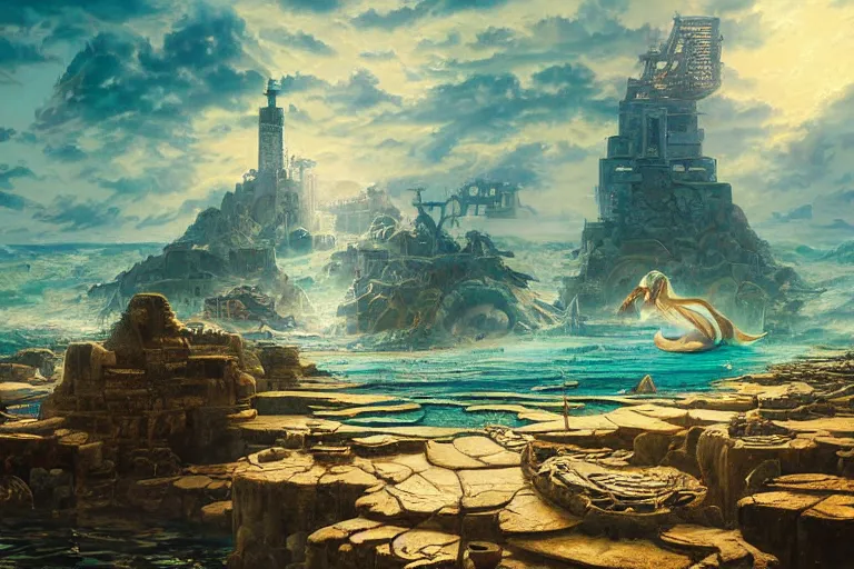 Prompt: a beautiful painting of the lost city of Atlantic city under water, ray of sunlight, mermaid in distance, Greg Rutkowski, Mohrbacher, blue and gold color scheme