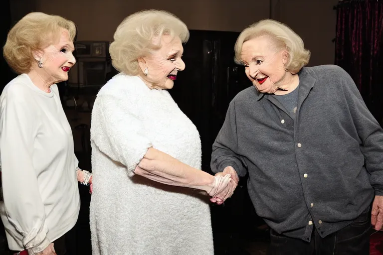 Prompt: betty white shaking hands with a 6 0 0 pound dwarf in the bathroom