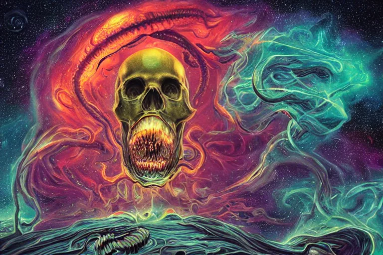 Image similar to a giant skull with eyes and lovecraftian tentacles emerging from a space nebula by dan mumford, smoke trails, digital art, photorealistic, vivid colors, highly detailed, intricate