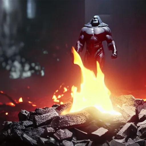 Image similar to darkseid in a dark suit with glowing eyes standing in front of a fire, a photocopy by zack snyder, cgsociety, antipodeans, # vfxfriday, reimagined by industrial light and magic, movie still