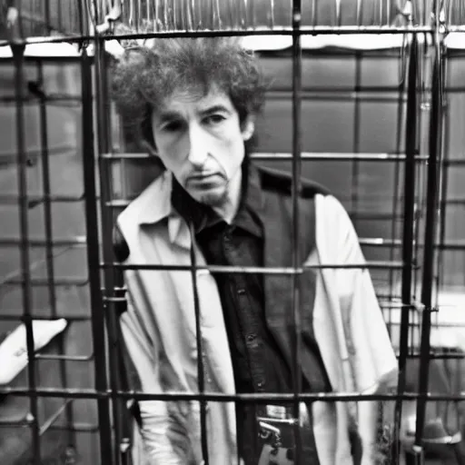 Prompt: bob dylan in a small cage at a pet store, his cage has a price tag