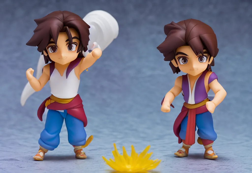 Image similar to side view of young aladdin as nendoroid running in desert village, 8 k hd dof, kodak film,