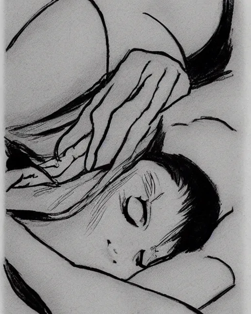 Prompt: inked sketch of an girl sleeping, drawn by osamu tezuka