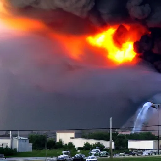 Prompt: Warehouse fire, catastrophic, blazing fire, industrial fire, industrial explosion, photo taken from far away, taken from afar