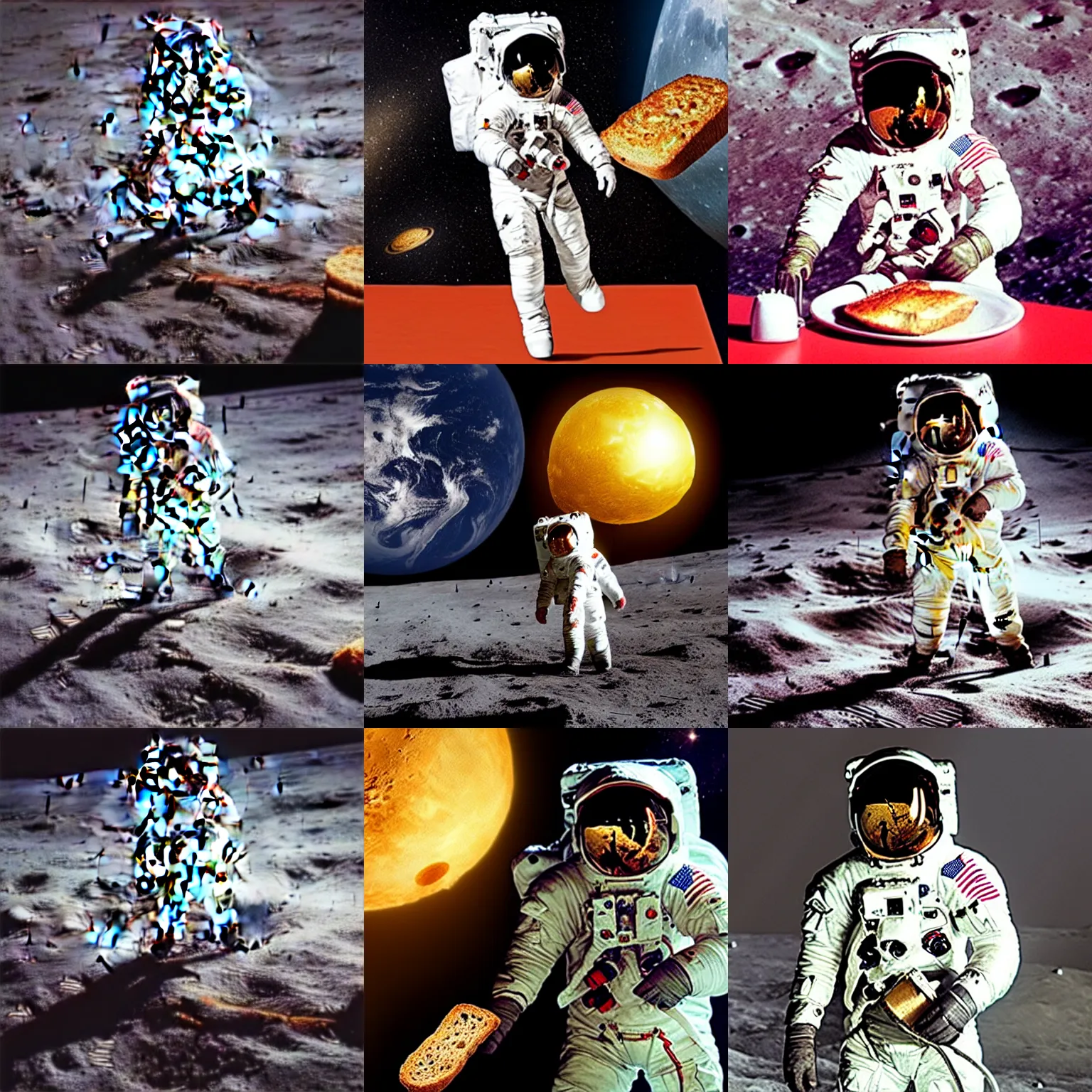 Prompt: A photo of an astronaut on the moon without his helmet eating garlic bread with knife and fork, the bread is on a red table, earth in the background