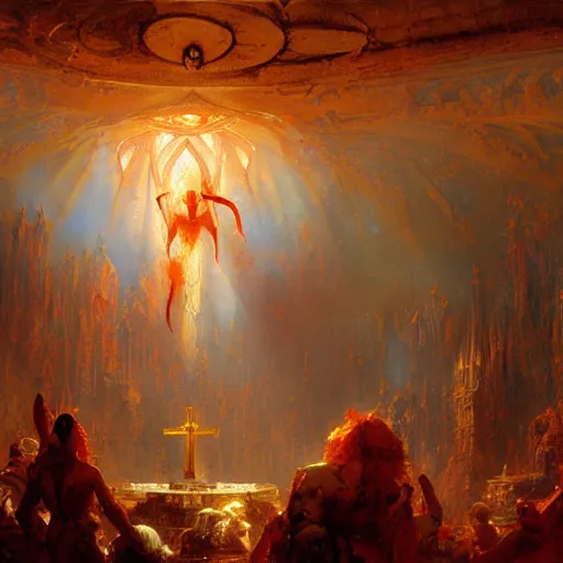 Prompt: a chapel's ceiling is broken in half as a red magical portal from hell opens up there. highly detailed painting by gaston bussiere, greg rutkowski, craig mullins 8 k