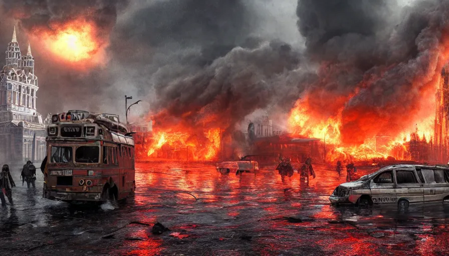 Prompt: A detailed render of a post apocalyptic scene of Fire and explosions on Red Square and the Kremlin, burned down rusty Moscow buses in flood water, sci-fi concept art, nuclear mushroom, lots of fire, panic, dark, clouds, 8k, high detail, advanced rendering whimsically designed art, 4k post-processing highly detailed, Soft illumination