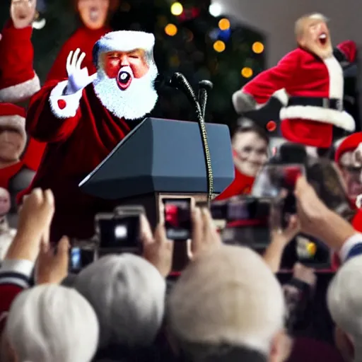 Image similar to trump as a drunk and disheveled mall santa claus screaming incoherent political lies at children, paparazzi photo, highly detailed, high definition, ultra realistic