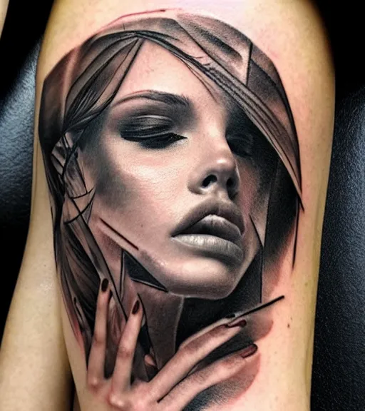 Image similar to tattoo design sketch of a beautiful woman face with a faded background of beautiful mountains and nature on her side, hyper - realistic, in the style of den yakovlev, amazing detail, black and white