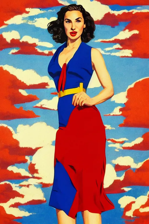 Image similar to full body portrait of gal gadot in the style of bill medcalf, red dress, blue sky with a few clouds, retro, 1 9 5 0, 4 k, detailed, headroom, rule of thirds