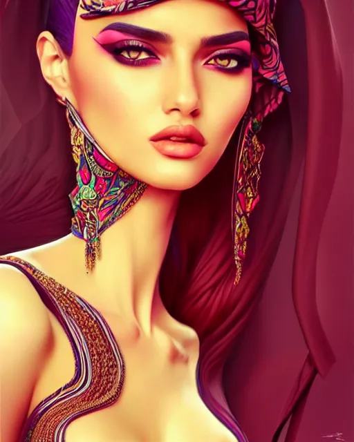 Image similar to richly detailed color illustration of very very beautiful Arab fashion model illustrated by Artgerm and Mina Petrovic and Timothy Kong and Marina Federovna. 3D shadowing