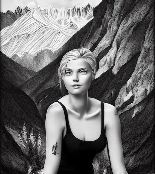 Image similar to a beautiful woman against a background of beautiful mountains and nature, realism tattoo design, in the style of den yakovlev, black and white, hyper realistic, highly detailed