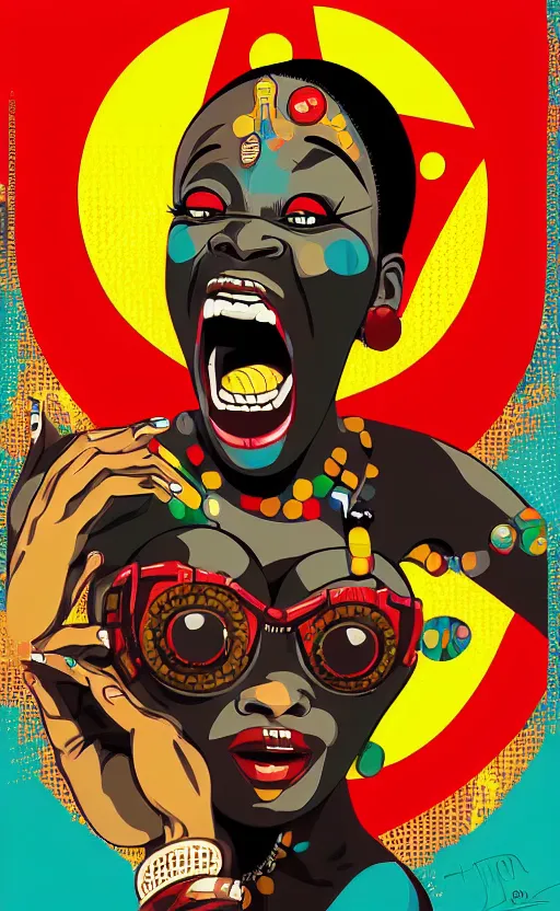 Image similar to mama africa laugh at her child!!! pop art, pixel, bioshock, gta chinatown, artgerm, richard hamilton, mimmo rottela, julian opie, aya takano, hyperdetailed, intricate