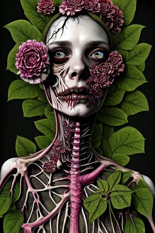 Image similar to very sad and detailed rotten woman corpse with fractal plants and fractal flowers growing around her face muscles, veins, arteries, bones, anatomical, skull, eye, ears, intricate, ornate, surreal, ray caesar, john constable, guy denning, dan hillier