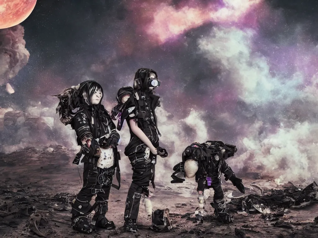 Image similar to two chubby teenagers partially made of smoke with emo haircuts wearing gothy purple and black space spandex suits, standing next to smashed burning spacecraft wreckage, on the surface of mars, highly detailed, dramatic lighting, photorealistic, cinematic