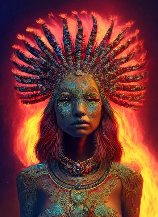 Image similar to a wlop 3 d portrait of a goddess, 8 k micro details beautiful intricate highly detailed quetzalcoatl skull and feathers. fire, galaxy, artwork by tooth wu and wlop and beeple and greg rutkowski, trending on artstation,