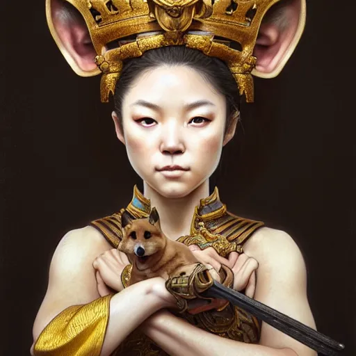 Image similar to portrait painting of a cute shiba inu warrior with crown, ultra realistic, concept art, intricate details, eerie, highly detailed, photorealistic, octane render, 8 k, unreal engine. art by artgerm and greg rutkowski and charlie bowater and magali villeneuve and alphonse mucha