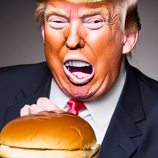 Prompt: donald trump licking a burger with his tongue out, mmmmm, studio portrait photo, studio lighting, key light, food photography