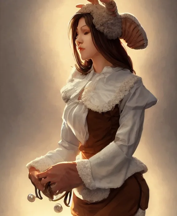 Image similar to female anthropomorphic sheep in maid outfit, realistic portrait, highly detailed, digital painting, artstation, concept art, smooth, sharp focus, illustration, cinematic lighting, art by artgerm and greg rutkowski and alphonse mucha and boris vallejo and frank frazetta