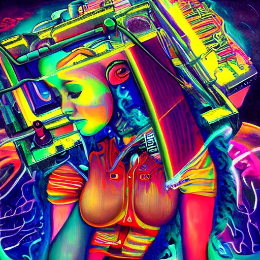 Prompt: a beautiful painting of a machine girl album cover with crazy elements, hyperpop, 9 0 s glitch core