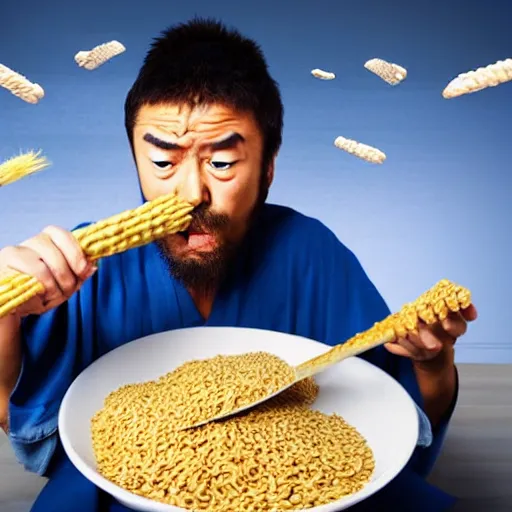 Image similar to battle weary samurai eating king wheat cereal as missiles fly above him