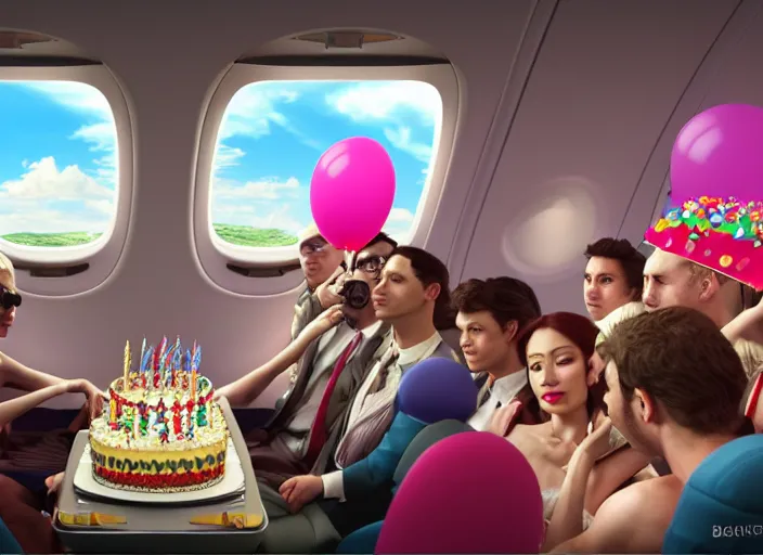 Prompt: boeing 737 cabin, many rich people, birthday party Bacchanalia , party hats, string of balloons, one big birthday cake, realistic, insanely detailed, wide angle, Unreal 5 engine, trending on artstation, by Huang Guangjian and Gil Elvgren and Sachin Teng